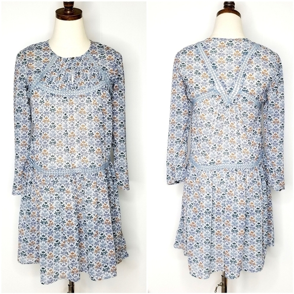 Anthropologie Holding Horses Blue Size 0 Floral Boho 3/4 Sleeve Short Dress - Picture 1 of 12